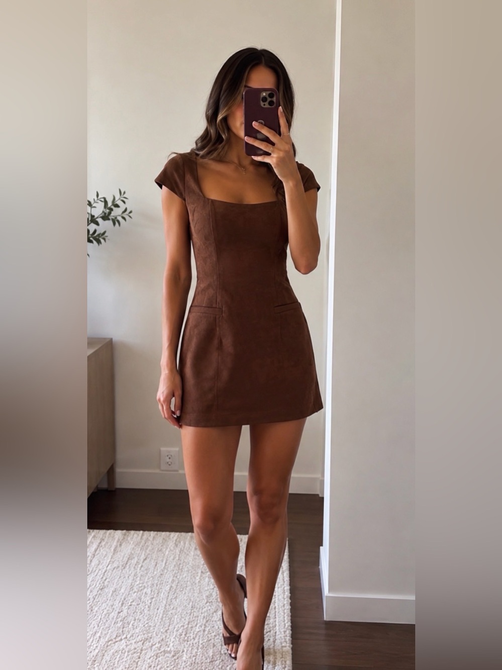 AQUA Chocolate Brown Velvet Square Neck Mini Dress ✨